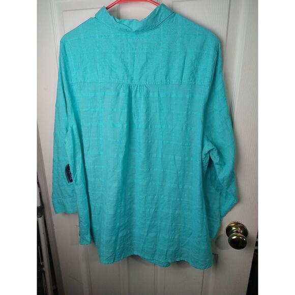 Catherine's Woman 1XWP Blouse Aqua Window Pane Long Sleeve Collared Button - Picture 11 of 11
